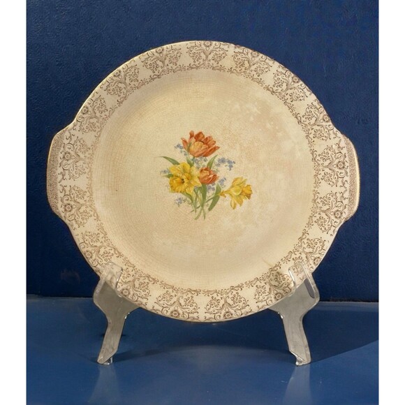 Other - Royal Splendor Handled Serving Plate Beige Floral 22kt Gold Filigree 11.25”